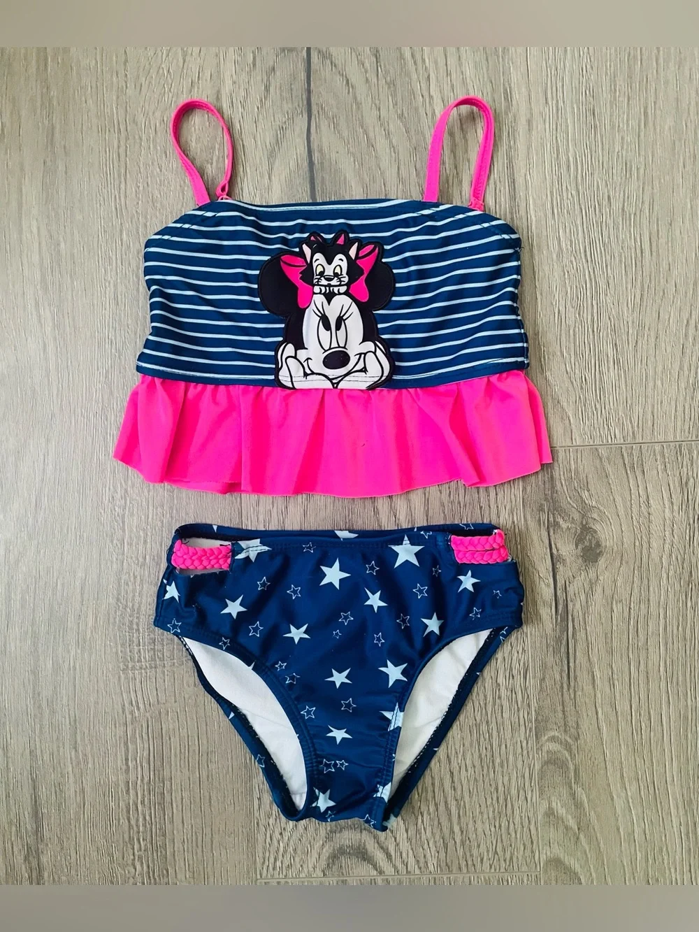 Disney Toddler Girl Two Piece Swimsuit 4 Blue Pink Minnie Mouse Stars Stripes